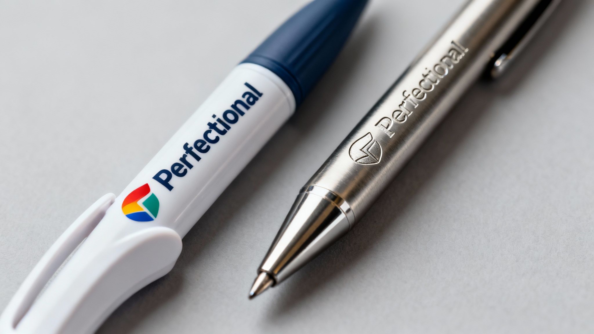 Close-up of two Perfectional branded pens, one white with a colorful logo, the other a metallic silver pen.