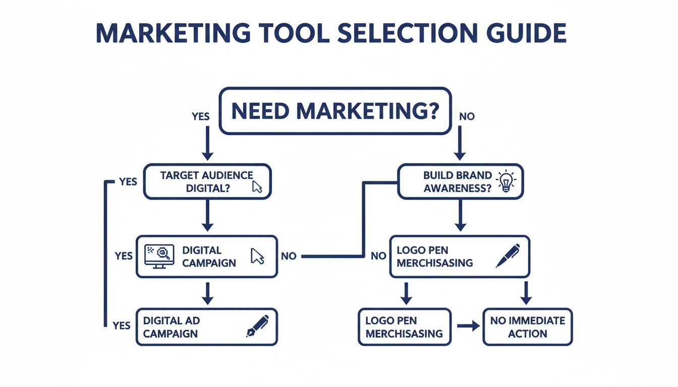 A flowchart titled 'Marketing Tool Selection Guide' leading from 'Need Marketing?' to various strategies.