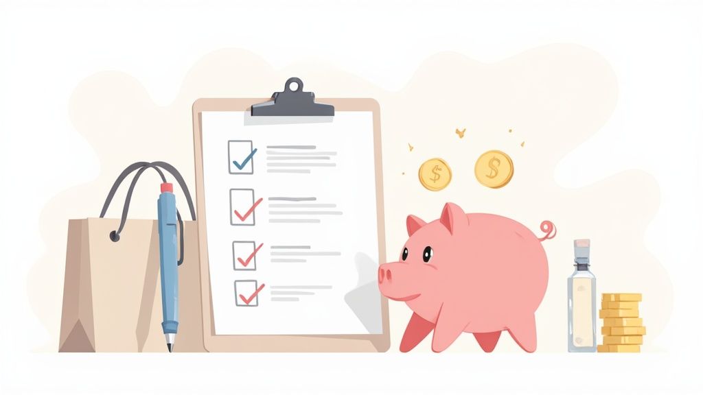 A collection of branded promotional items like tote bags, pens, and notebooks, arranged neatly on a surface