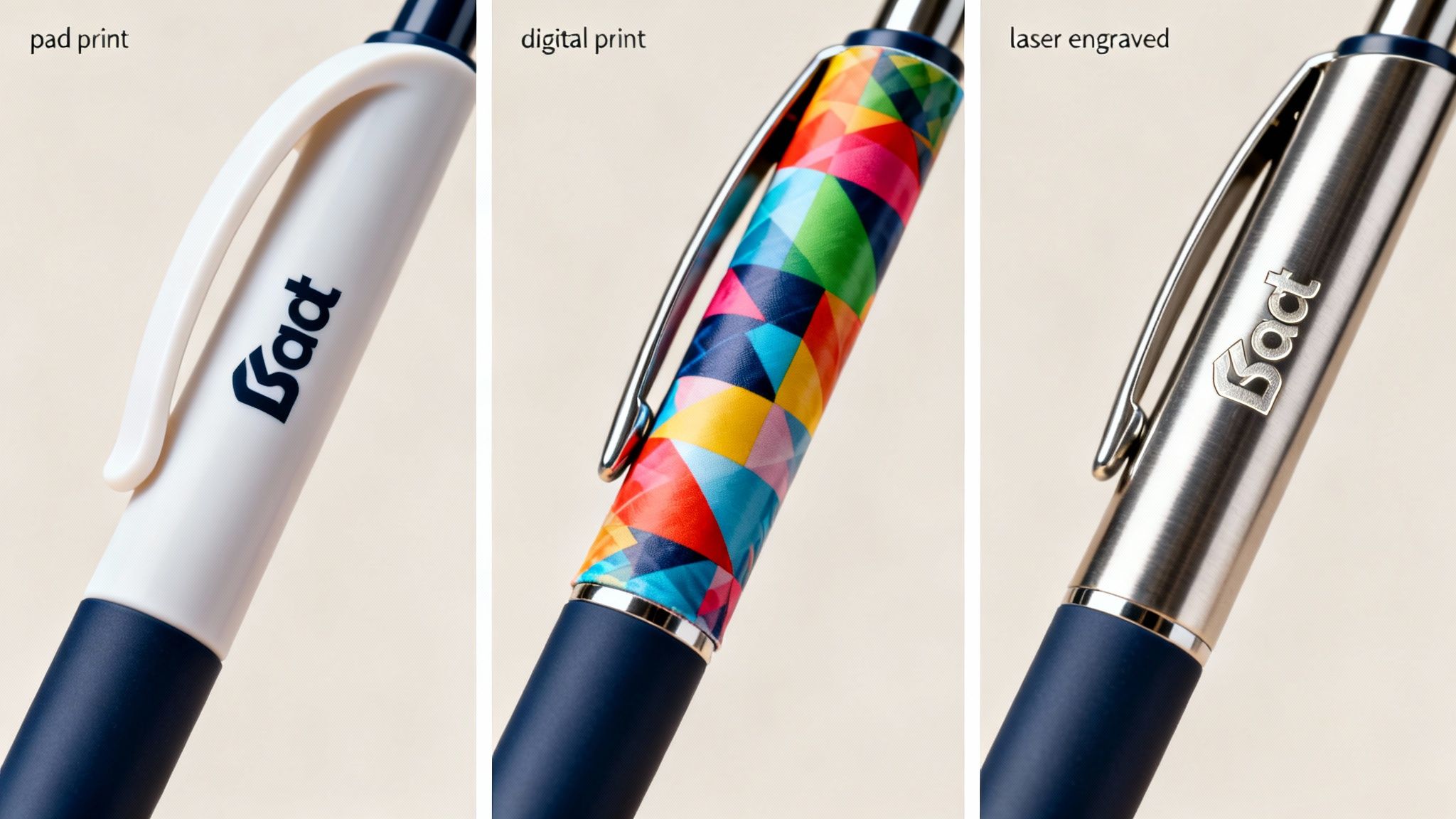 Three pens showcasing different logo customization methods: pad print, digital print, and laser engraved.