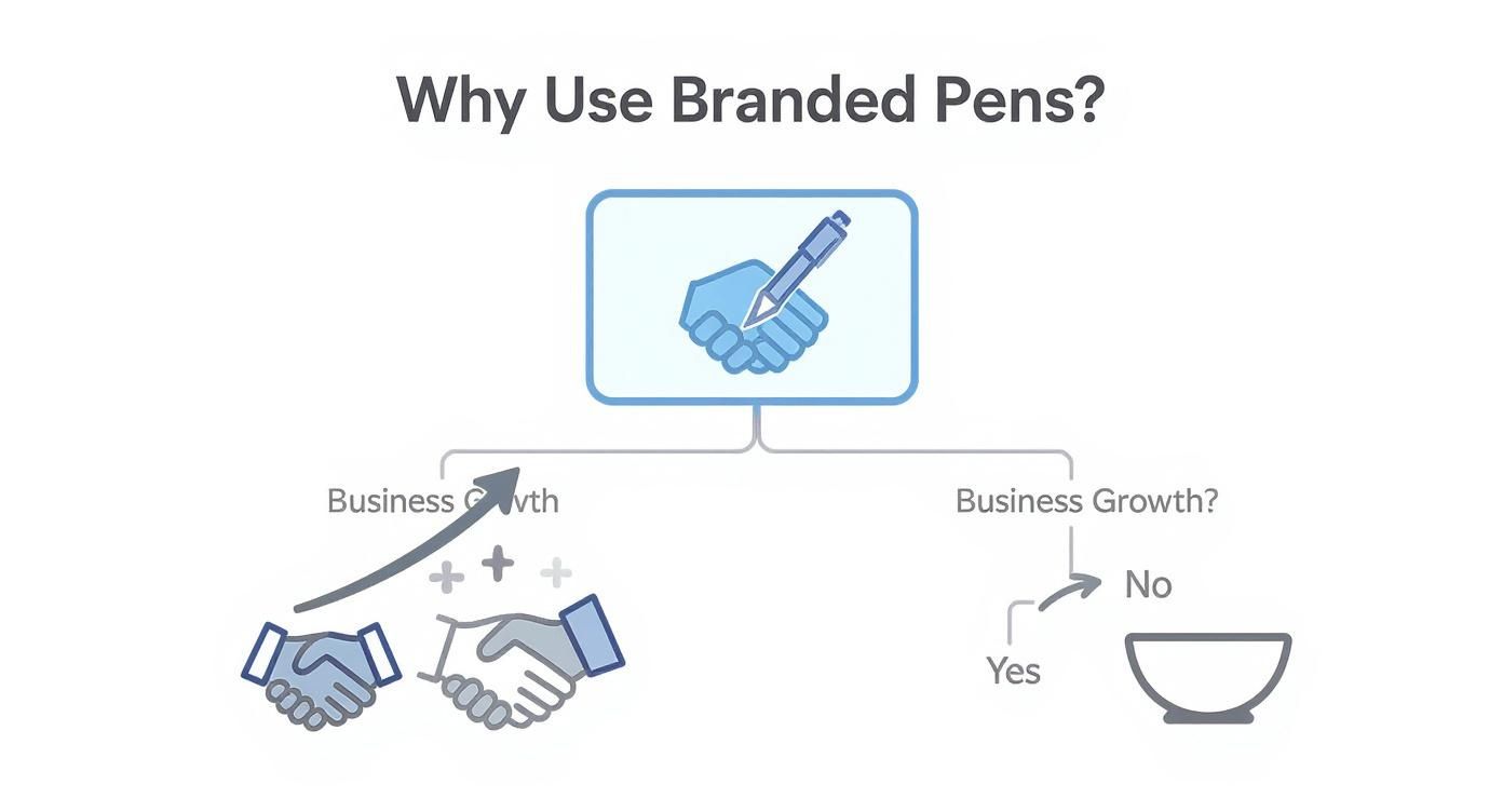Infografica che mostra come le penne di marca favoriscano la crescita aziendale attraverso le partnership rispetto a una ciotola vuota senza crescita