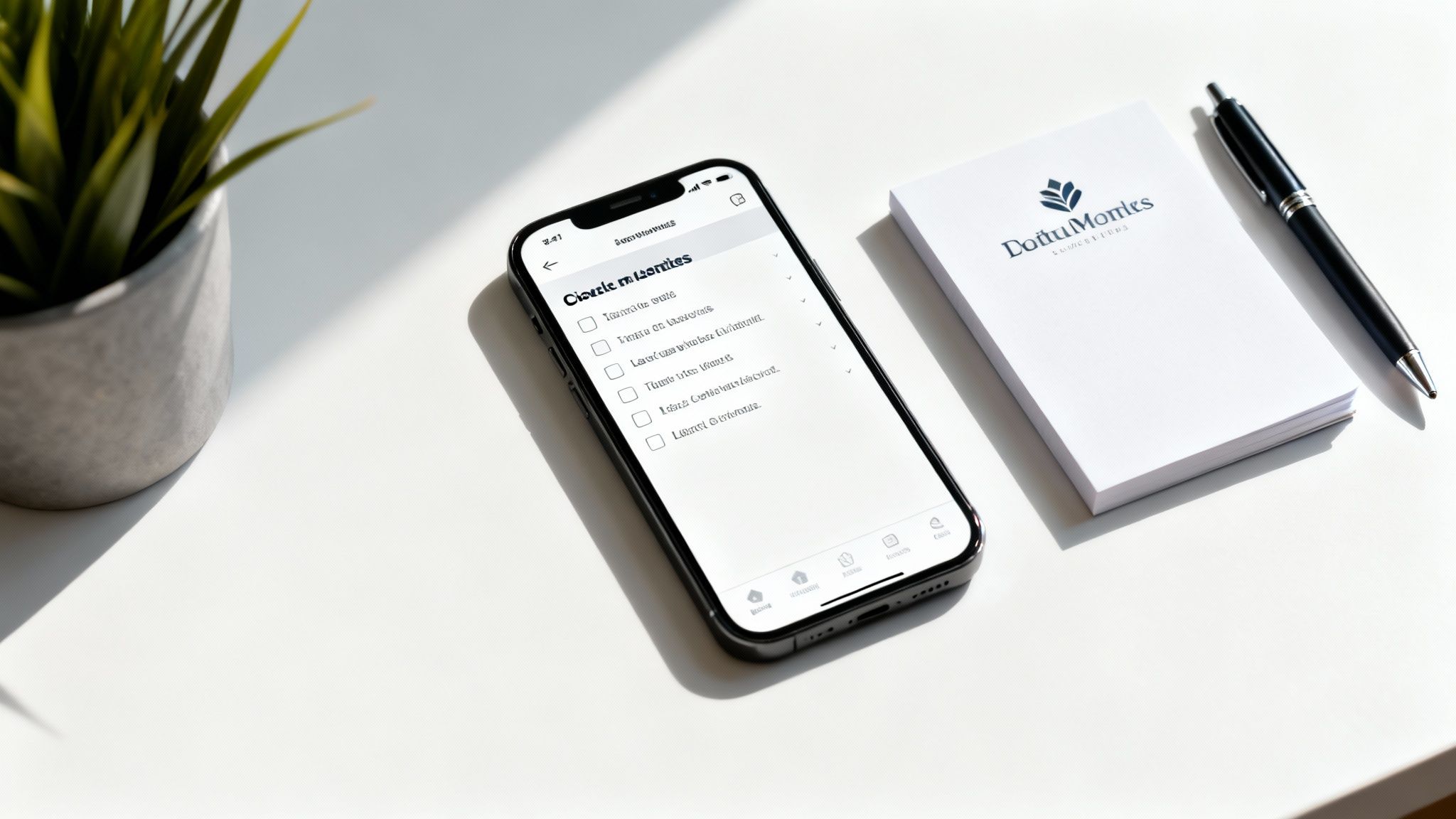 A smartphone displaying a checklist, a stack of notepads with a logo, a pen, and a plant on a white desk.