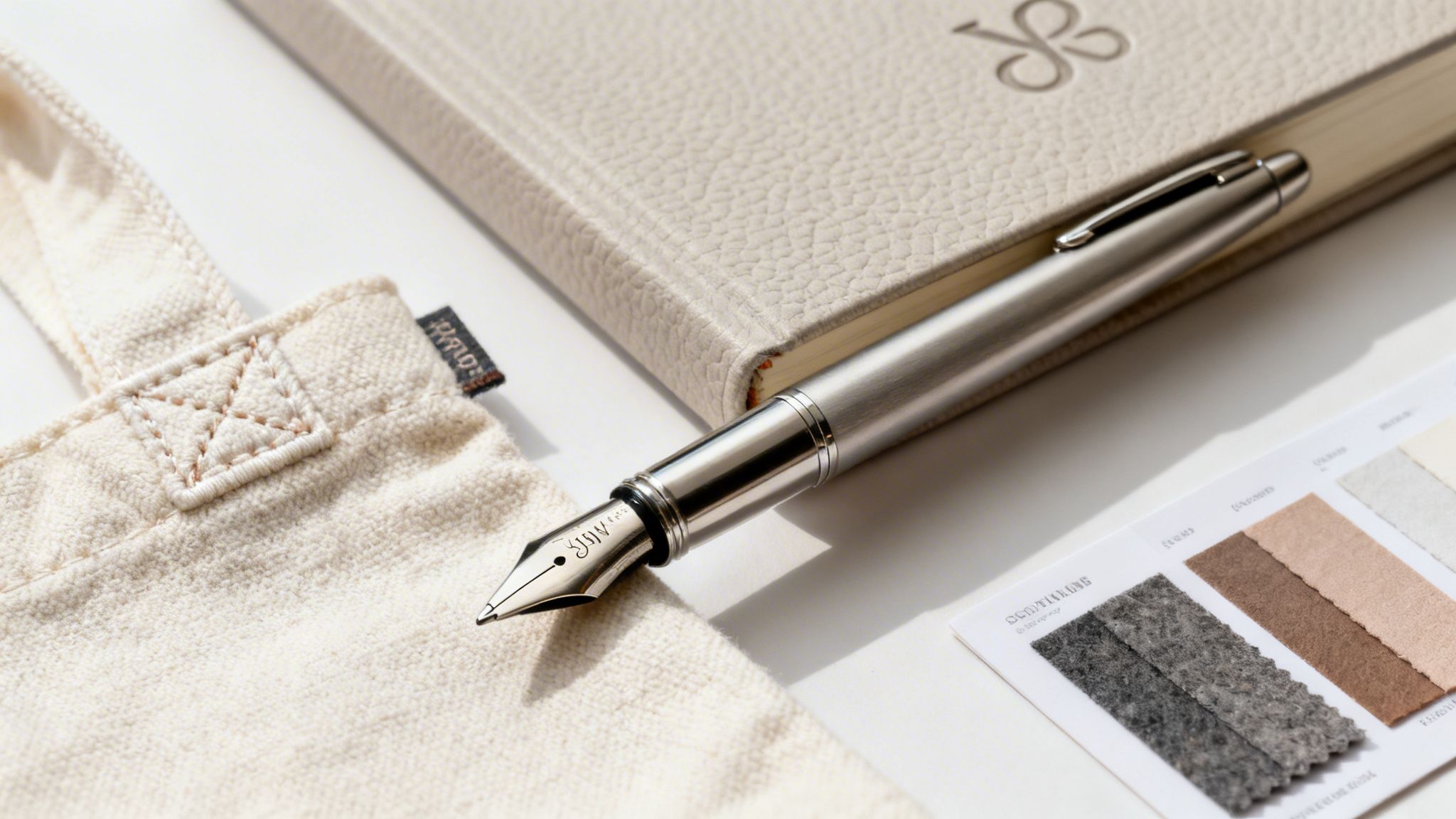 A stylish flat lay with a fountain pen, cream notebook, fabric pouch, and material swatches.