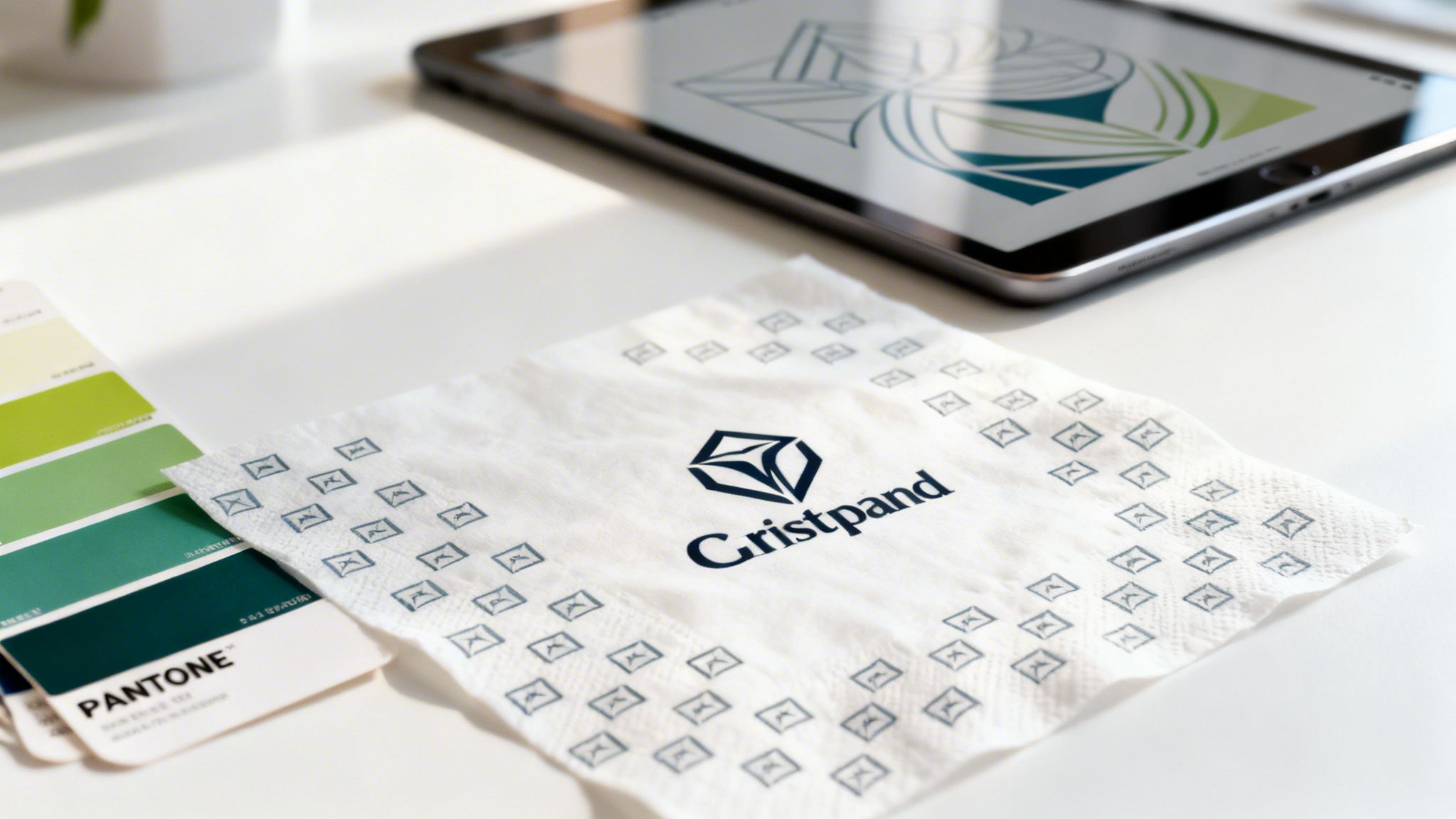 A desk with a 'Cristpand' branded napkin, green Pantone swatches, and a tablet displaying a logo design.
