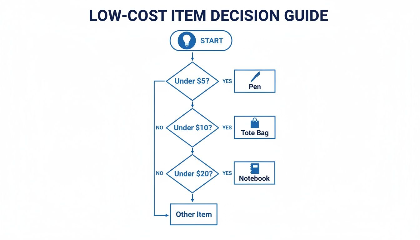 Flowchart guide for selecting low-cost promotional items based on price categories, including pen, tote bag, and notebook.