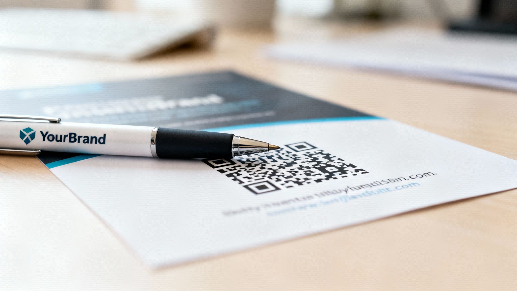 Close-up of a custom YourBrand pen resting on a document with a QR code and text.