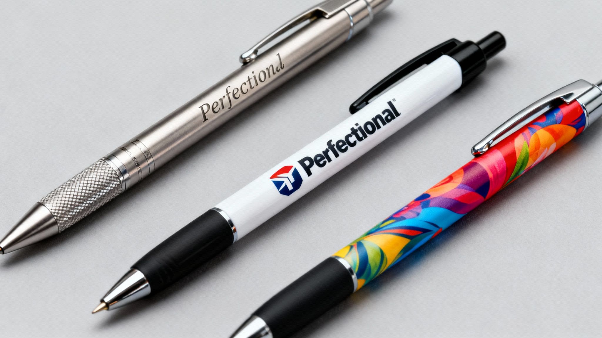 Three promotional marketing pens displayed: a sleek silver engraved pen, a white pen with a logo, and a vibrant colorful pen.