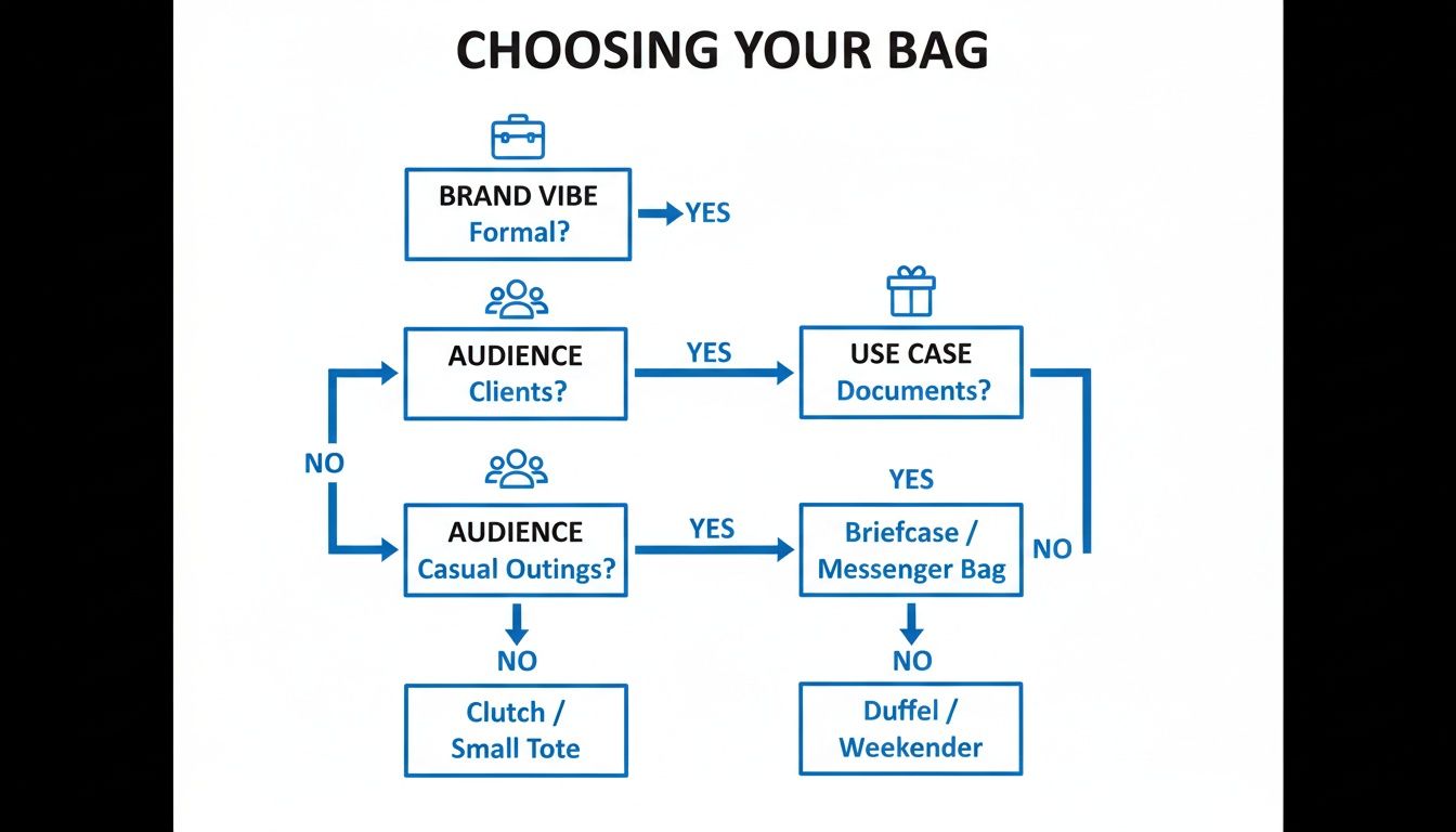 Flowchart guiding bag selection based on brand vibe, audience, and use case, leading to options like briefcase, duffel, or clutch.