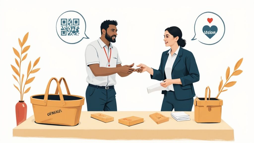 A person handing a branded promotional item to an attendee at a trade show booth, sparking a conversation.