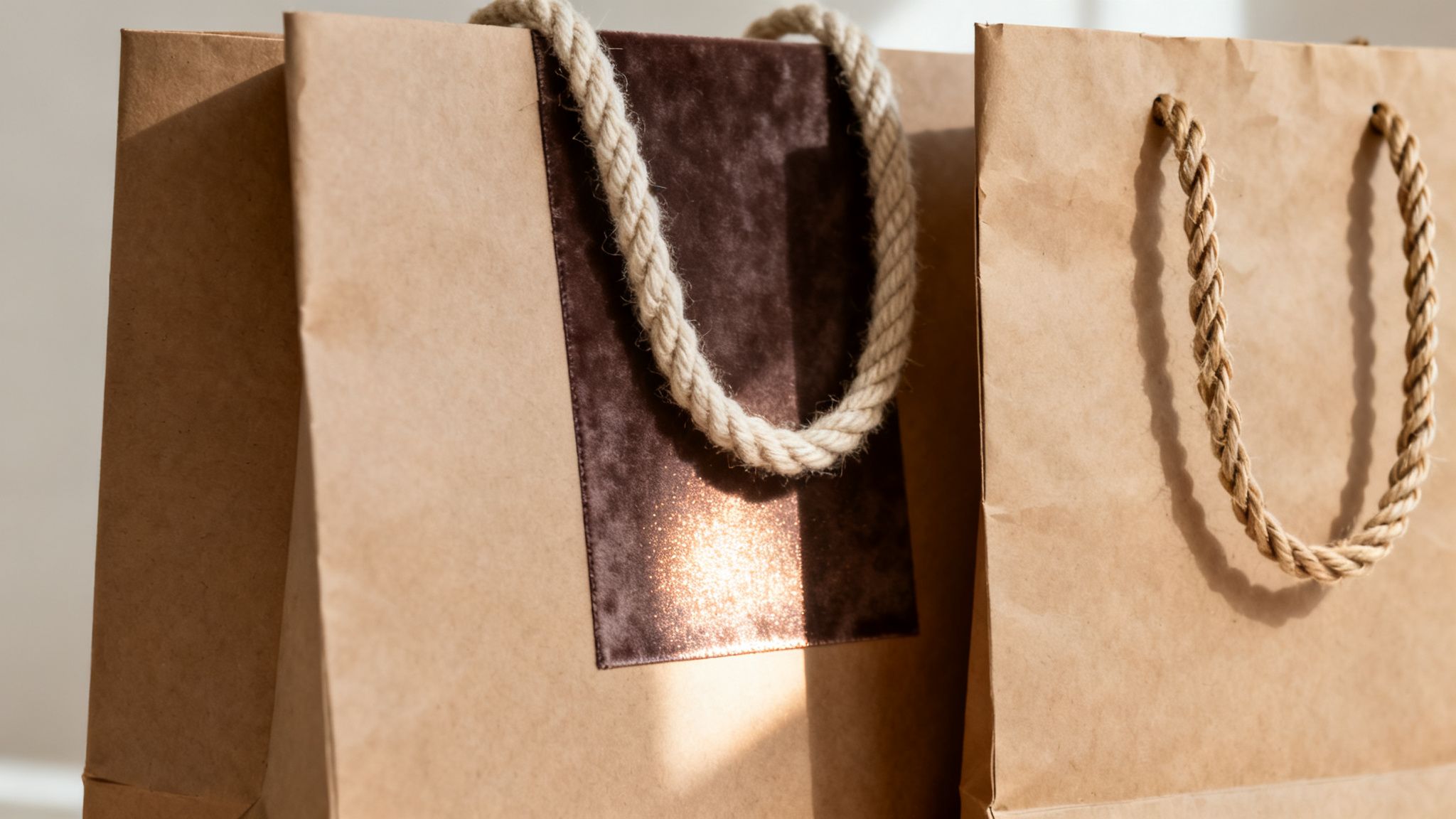Due buste di carta marroni con manici di corda, illuminate da luce solare che crea riflessi scintillanti su una.