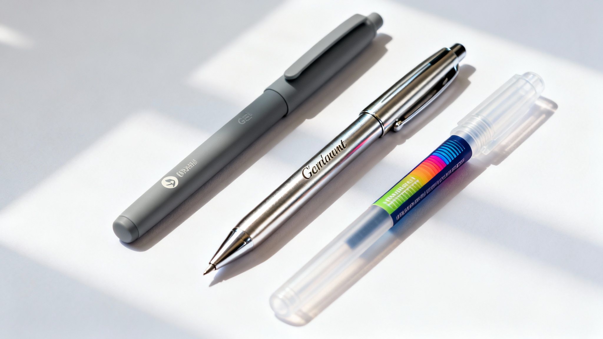 Three different pens, including a grey gel pen, a silver pen, and a colorful brush pen.