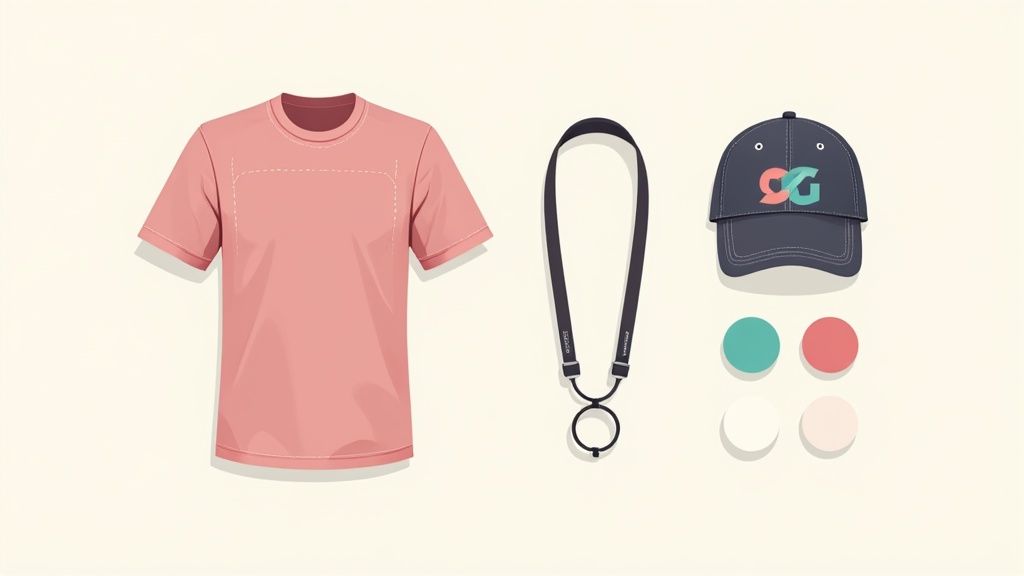 A collection of promotional products for schools, including notebooks and pens, showcasing branding.