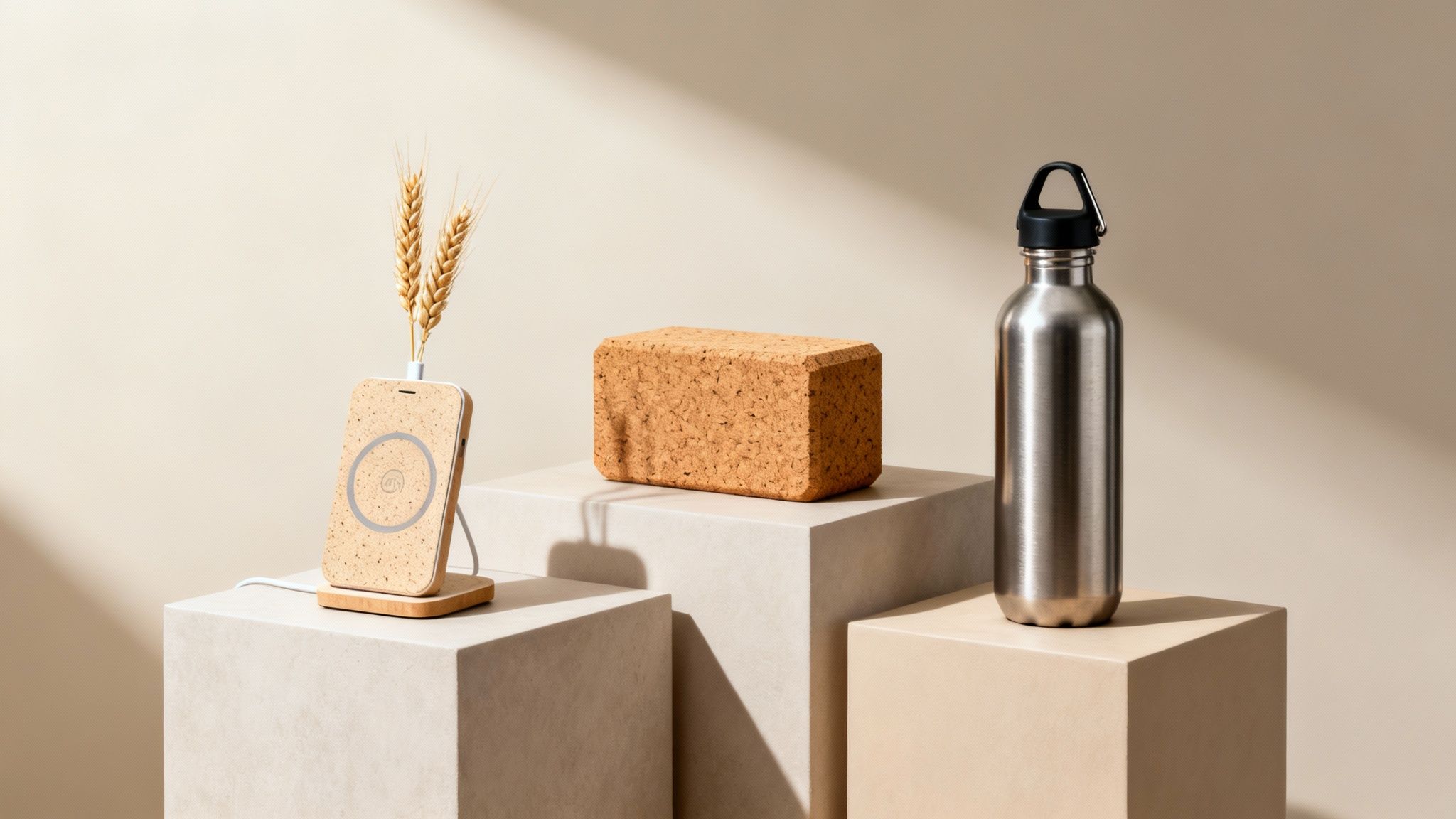 Eco-friendly promotional items: a phone, cork block, and stainless steel bottle on pedestals.