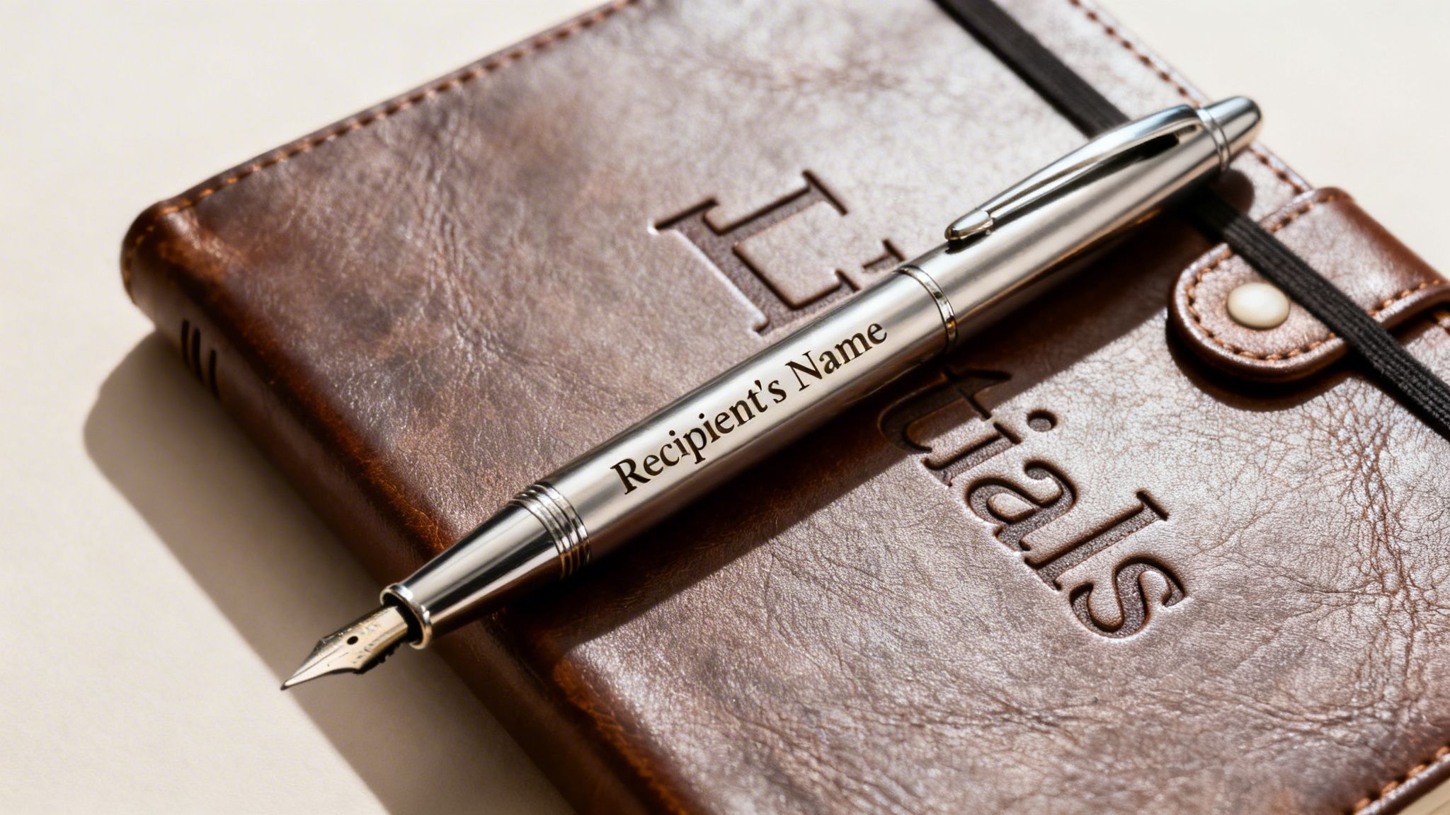 A silver engraved fountain pen rests on a brown leather journal with embossed lettering.