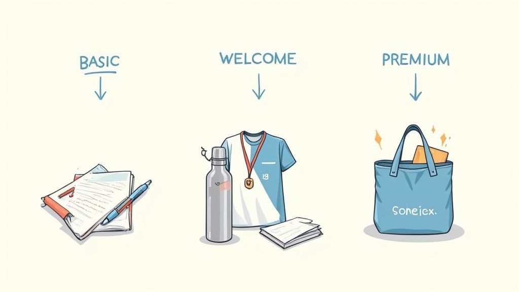 A teacher giving a branded tote bag to a student during a school event.