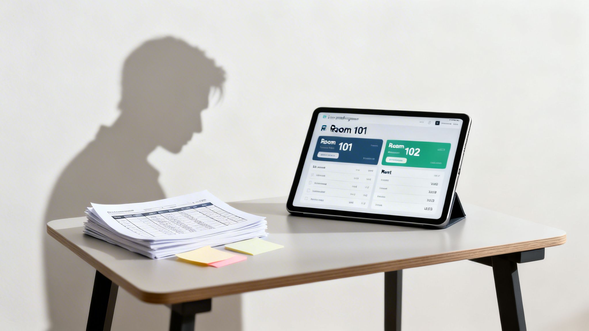 A tablet displays property management software on a desk with paperwork and sticky notes.