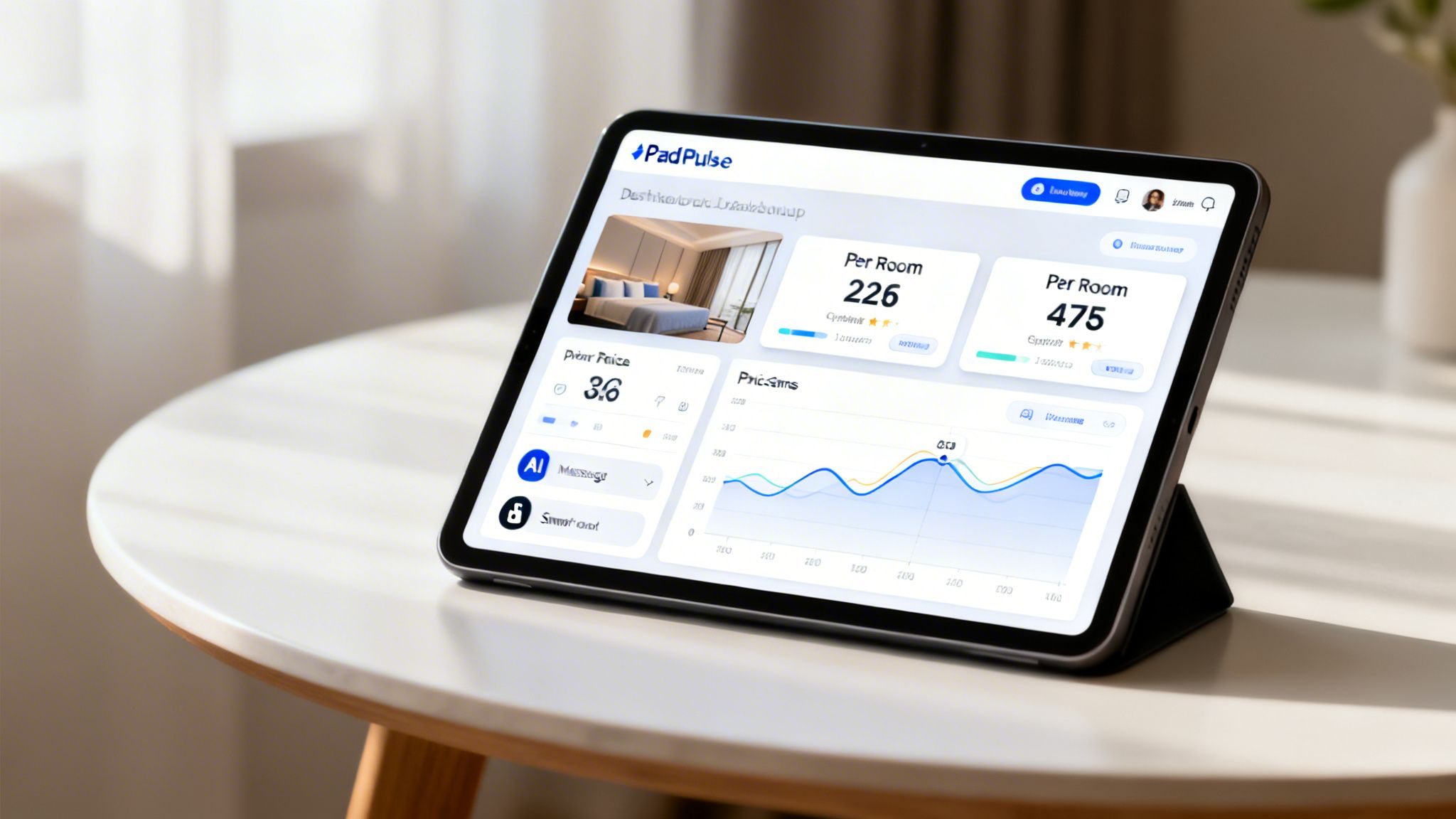 A tablet displays a vibrant PadPulse dashboard for property management on a clean white table.