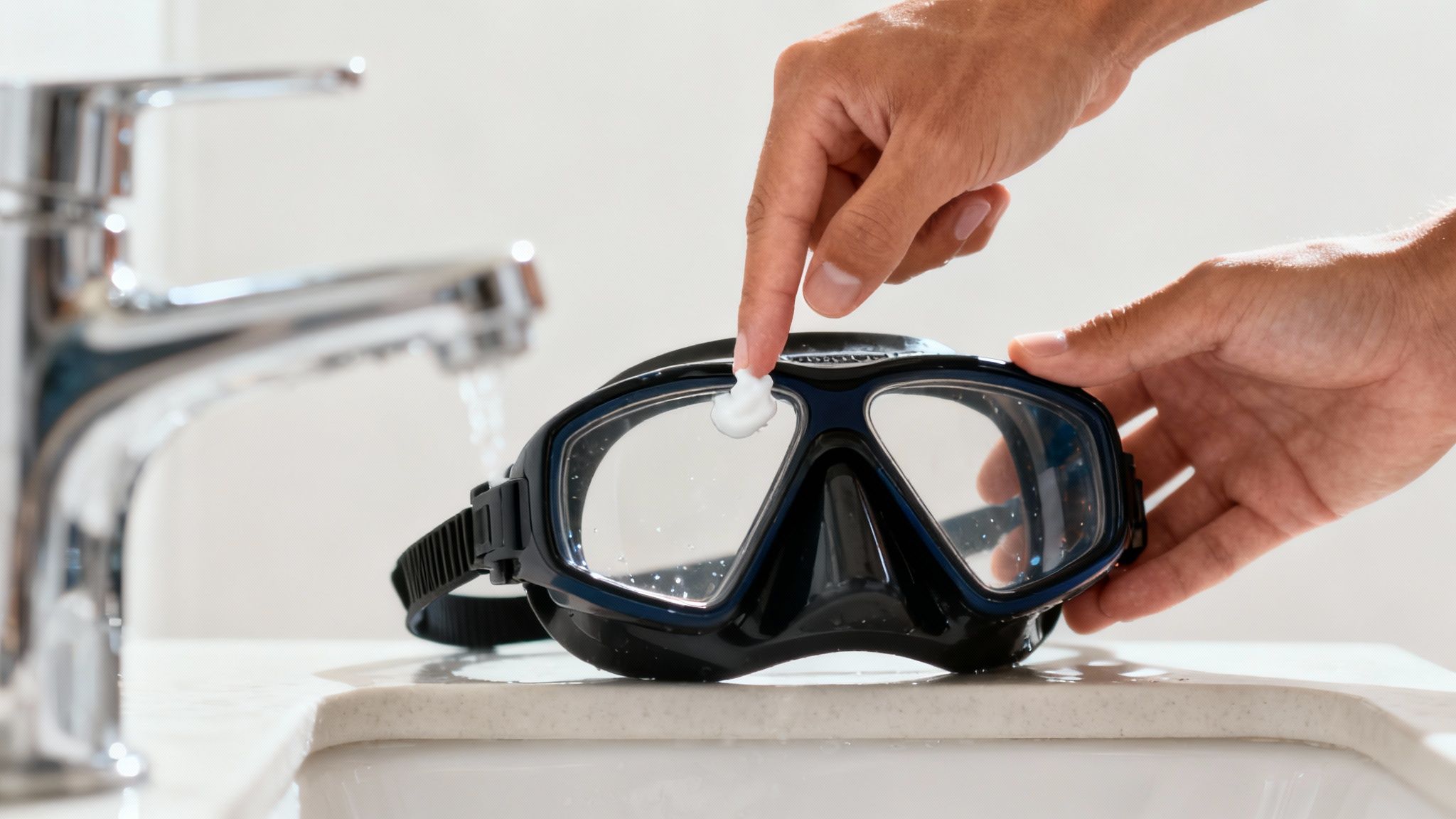 Hände tragen Anti-Beschlag-Mittel auf eine Tauchmaske auf, um sie vorzubereiten, neben einem Wasserhahn.