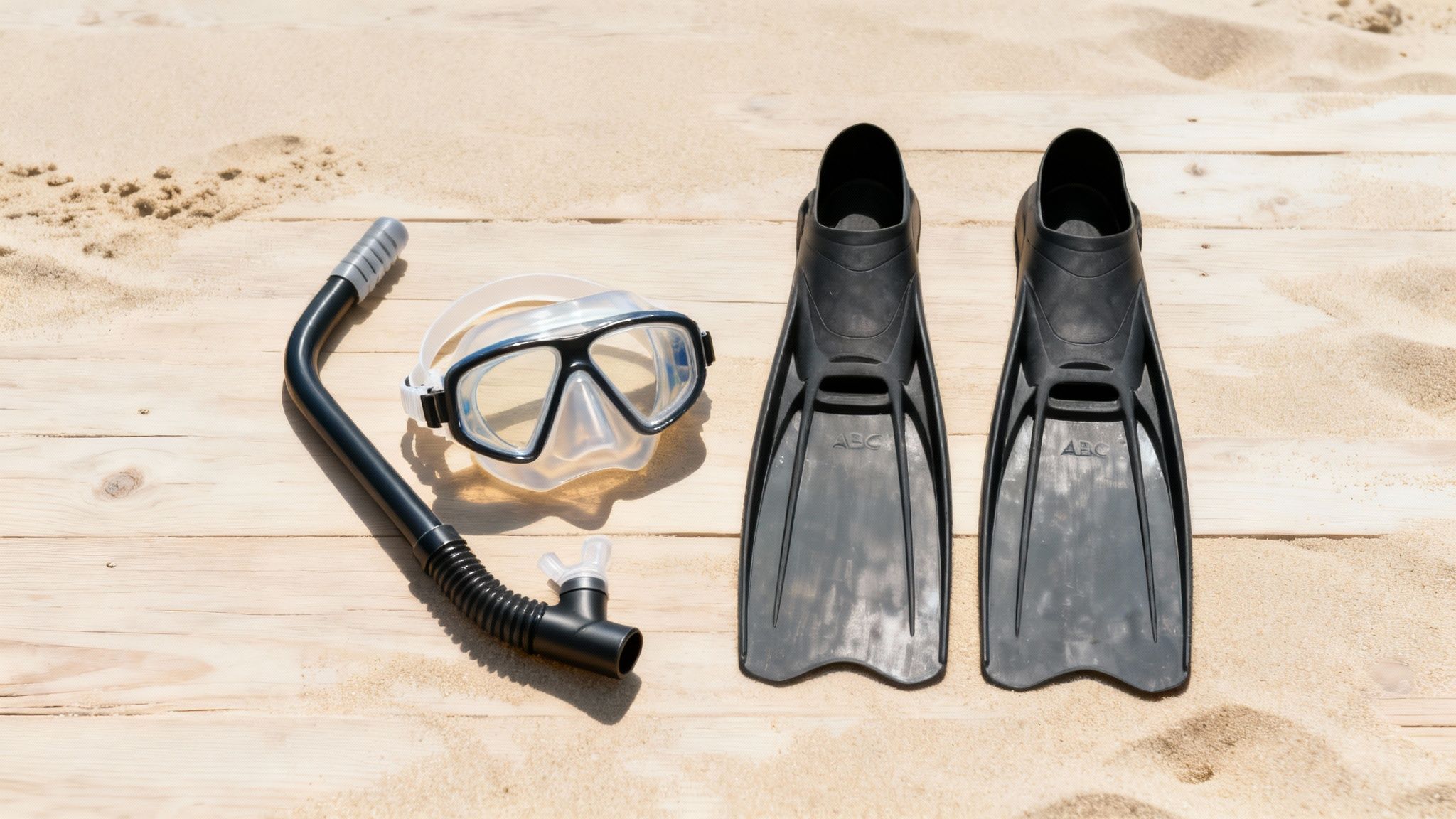 Schnorchelausrüstung mit Maske, Schnorchel und Flossen auf Holzsteg am Sandstrand
