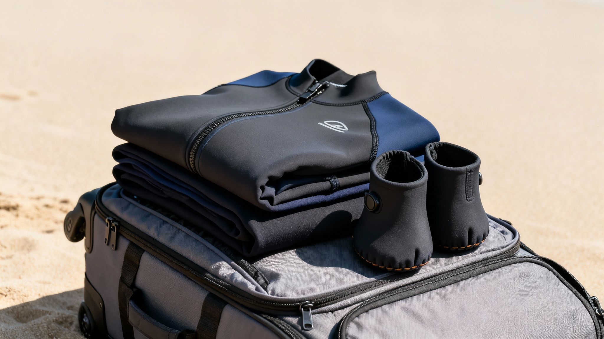 Gefaltete Neoprenanzüge und Wasserschuhe auf einem offenen Reisekoffer am Sandstrand.