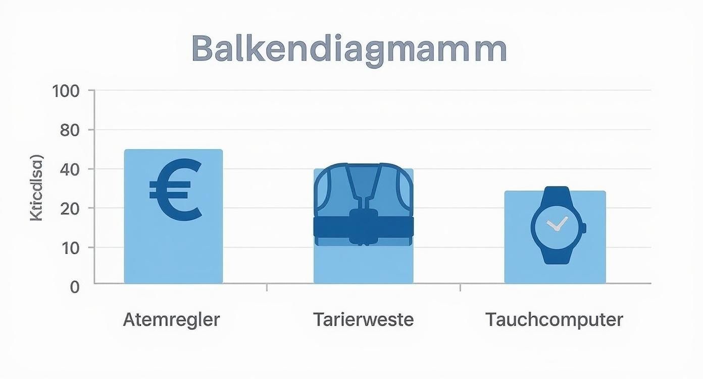 Balkendiagramm zeigt Kosten in Kirodiso für Atemregler, Tarierweste und Tauchcomputer beim Tauchen