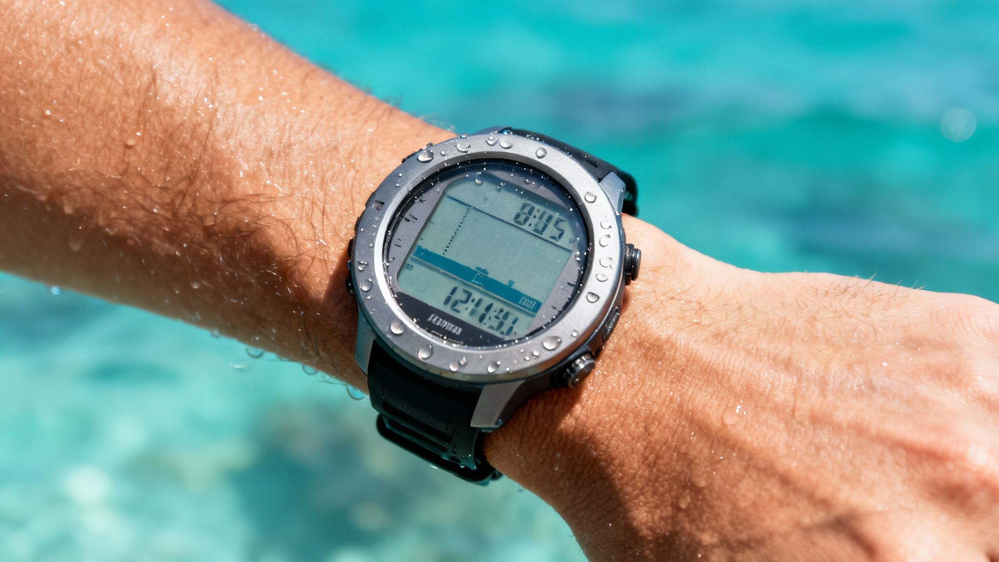 Arm mit digitaler Taucheruhr, bedeckt mit Wassertropfen, vor türkisfarbenem Wasser.