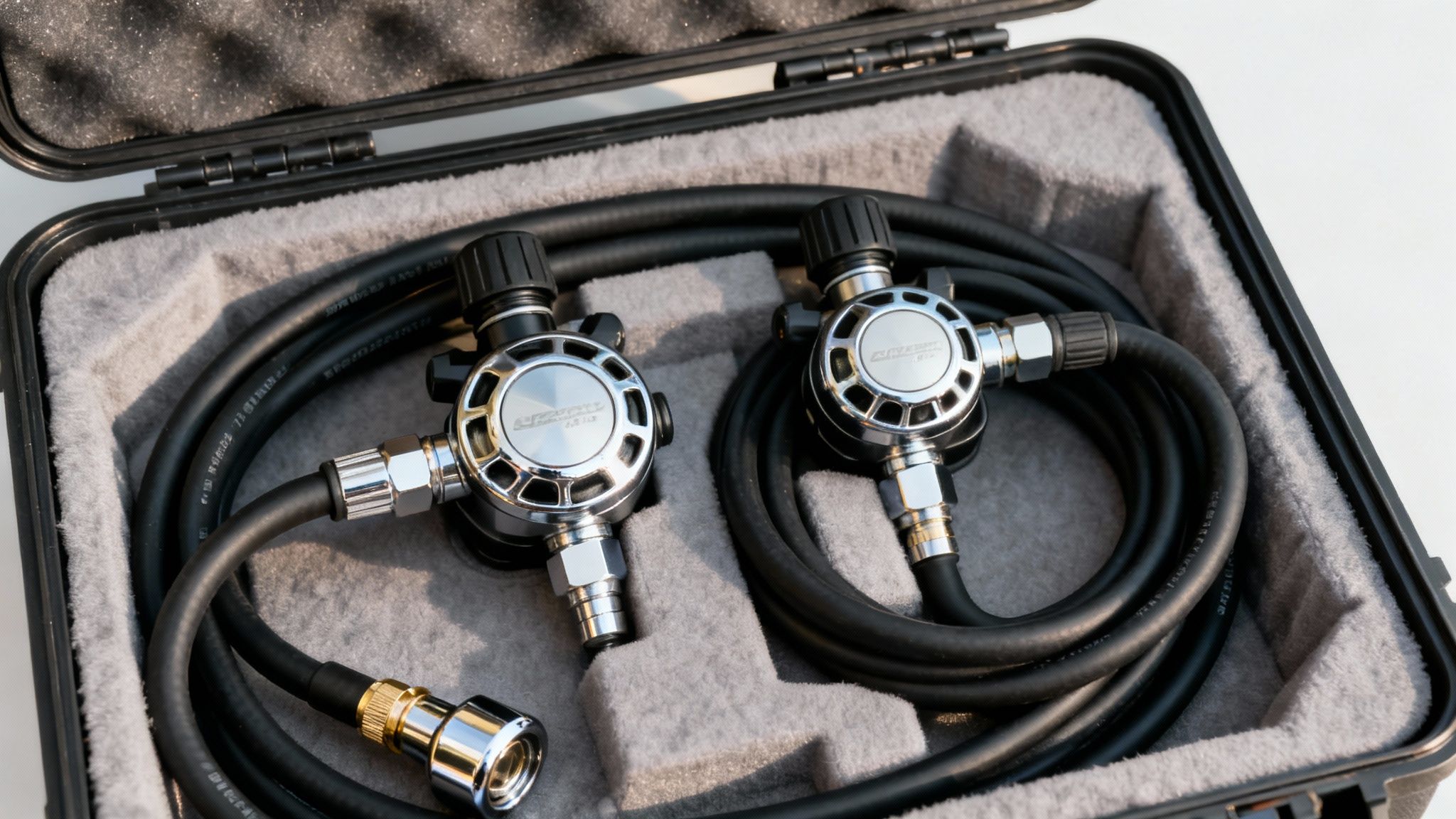 Zwei silberne Tauchregler mit schwarzen Schläuchen, ordentlich in einem grauen Schaumstoffkoffer verpackt.