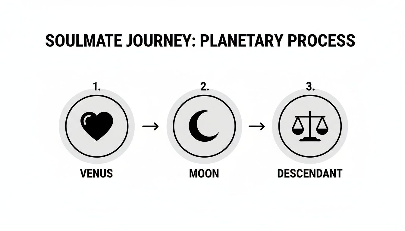 Diagram illustrating the soulmate journey planetary process with three steps: Venus, Moon, and Descendant.