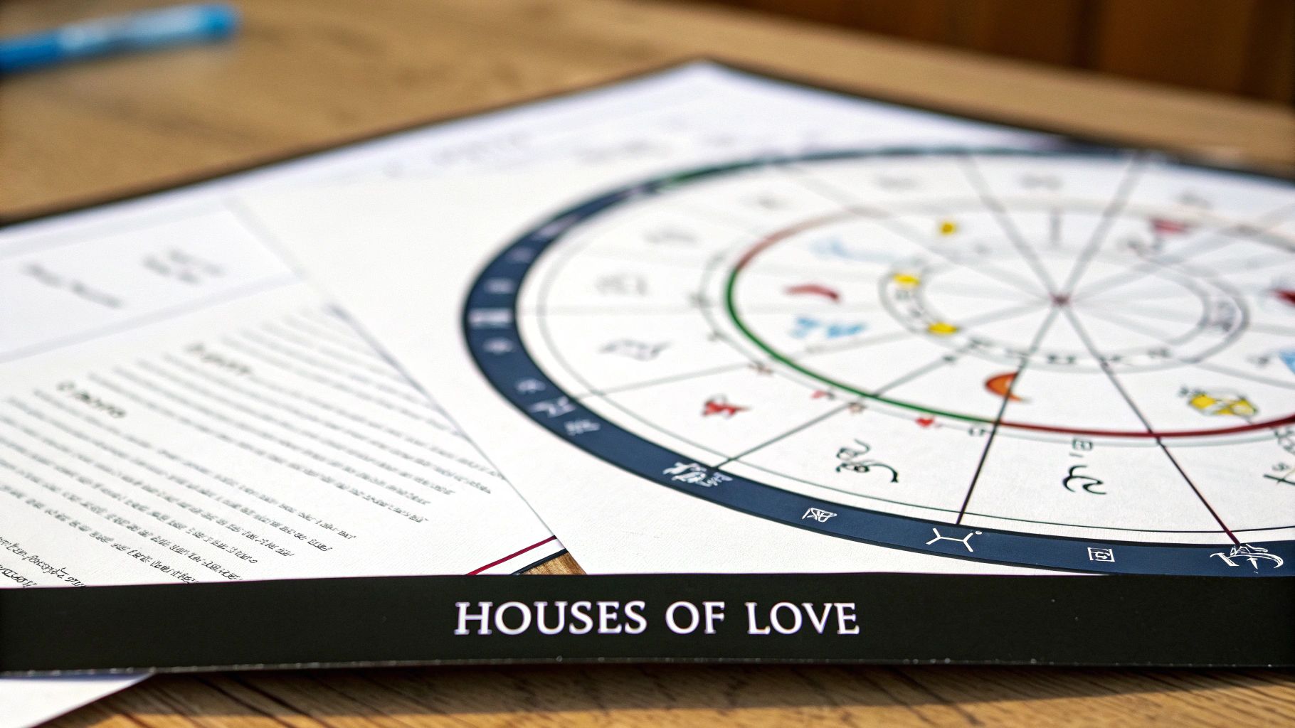 A close-up view of an astrological birth chart and accompanying text titled 'HOUSES OF LOVE' on a wooden table.