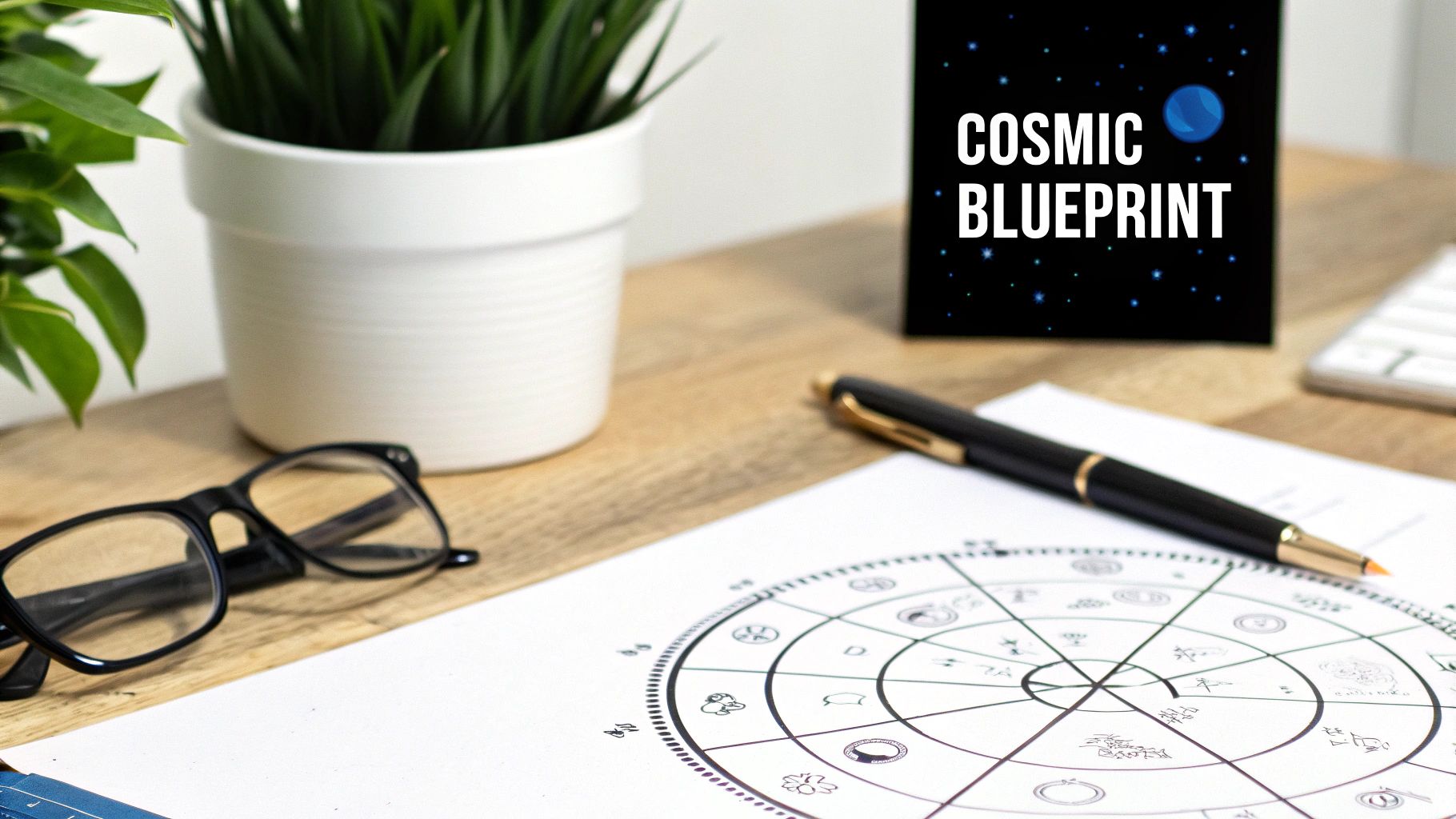 A desk with a plant, glasses, pen, and an astrological birth chart, with a 'Cosmic Blueprint' sign.