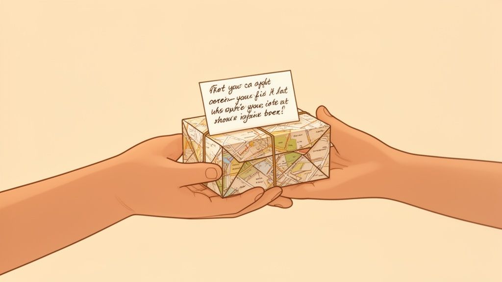 Two hands exchange a map-wrapped gift box tied with string, featuring an illegible note on top.