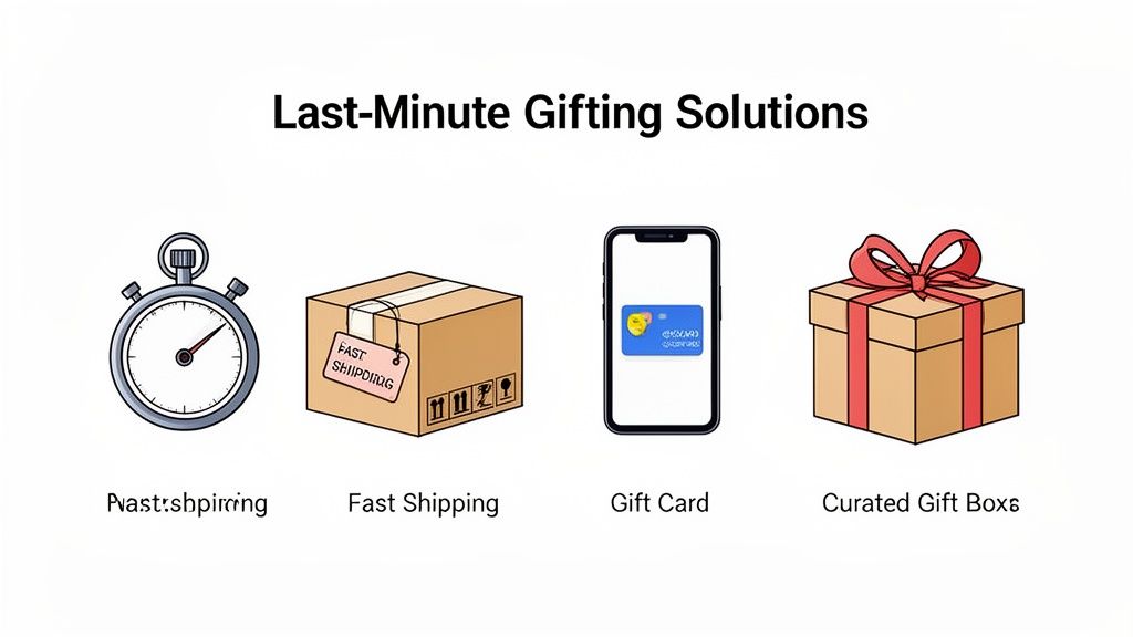 Visual representation of last-minute gifting solutions including fast shipping, gift cards, and curated gift boxes.