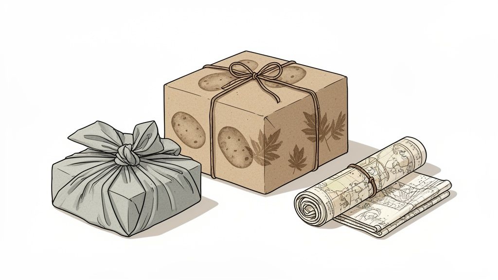 Three eco-friendly wrapped gifts: a fabric-wrapped item, a patterned cardboard box, and rolled maps.