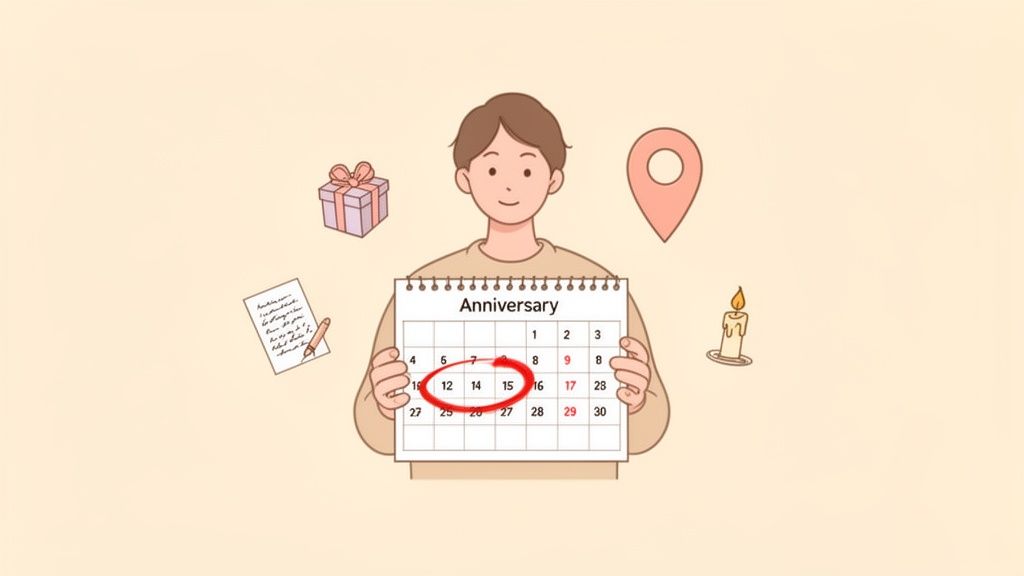 A person holding an anniversary calendar with dates circled, surrounded by gifts, a note, and a candle.