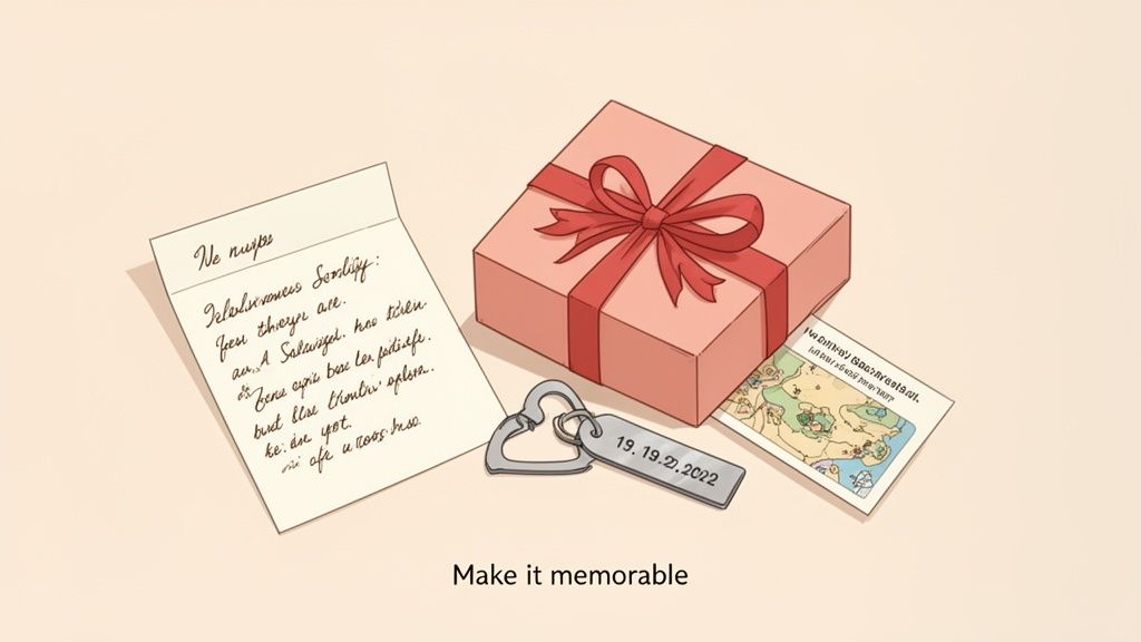 A pink gift box, handwritten letter, heart keychain with a date, and map on a light background.