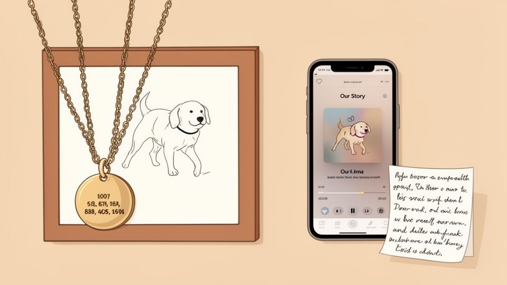 A sentimental display with a framed dog drawing, a personalized dog tag, and a pet story on a phone.