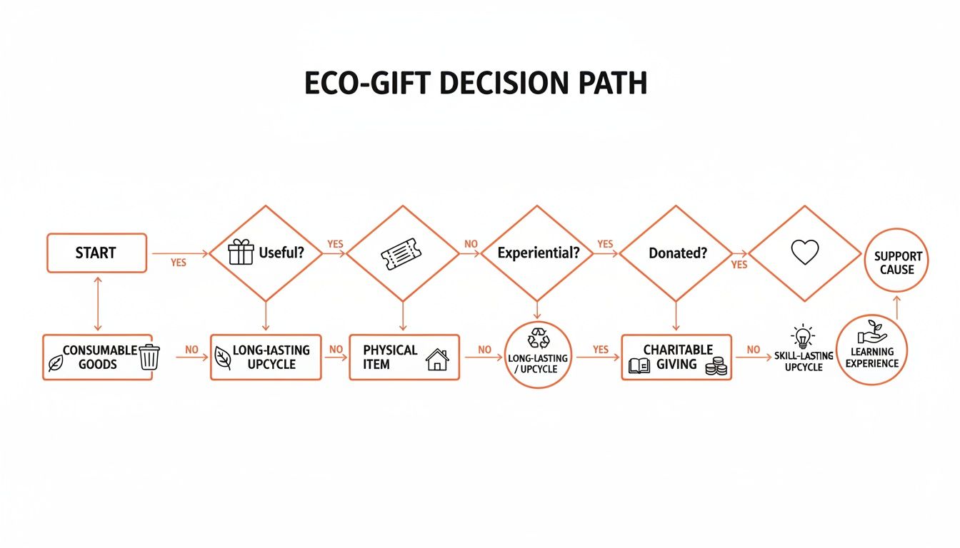 A flowchart outlining an eco-gift decision path for sustainable and thoughtful present ideas.
