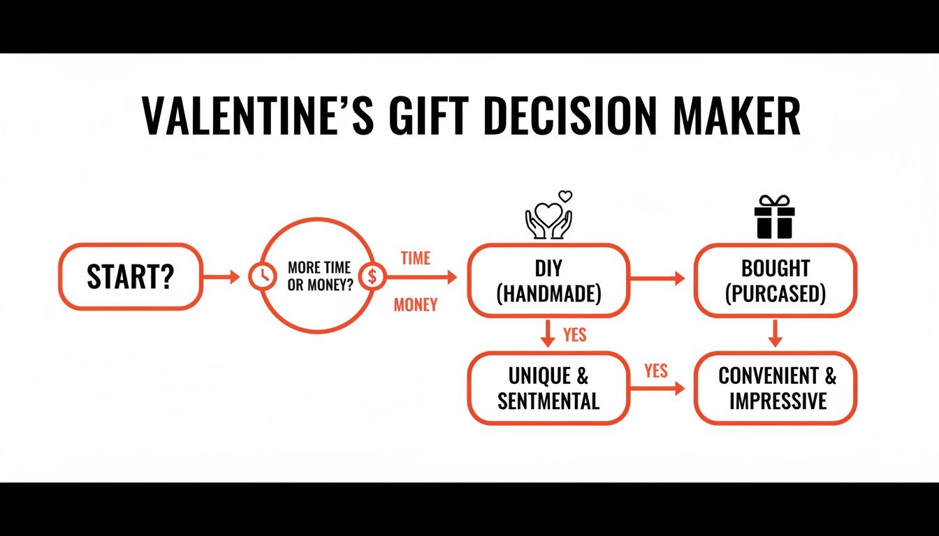 A flowchart diagram guiding Valentine's gift decisions based on time, money, and desired gift qualities.