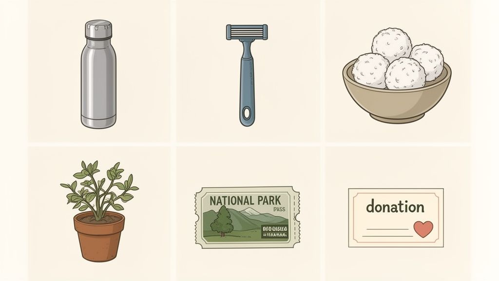 A grid of six sustainable items: a reusable water bottle, a razor, a potted plant, a bowl of snowballs, a National Park pass, and a donation certificate.