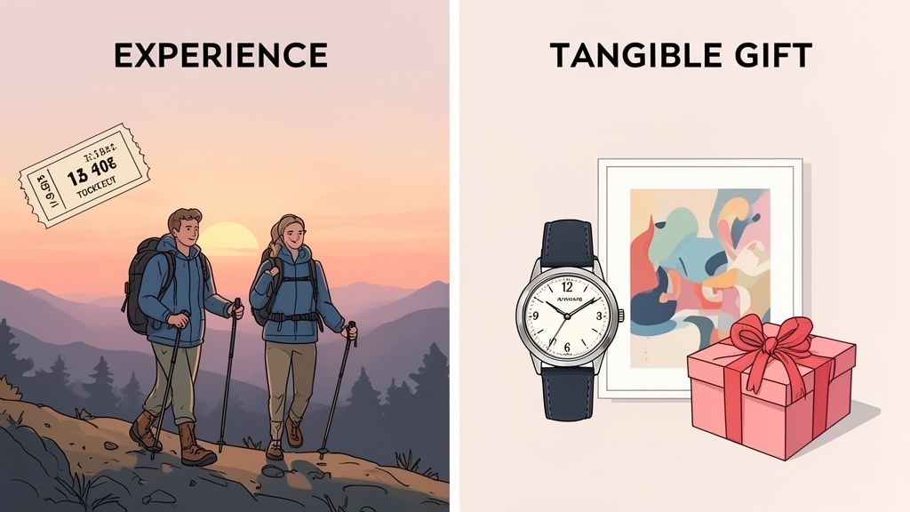 Two panels contrasting experience gifts, like hiking in mountains, with tangible gifts, such as a watch, painting, and present.