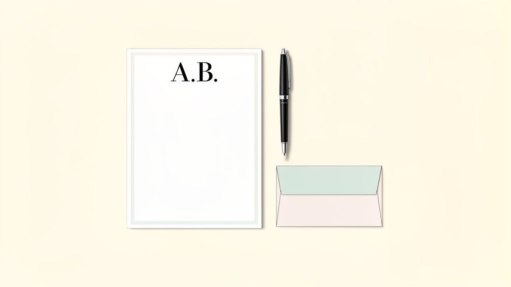 A personalized white notepad with 'A.B.' initials, a black pen, and a pastel envelope on a light background.