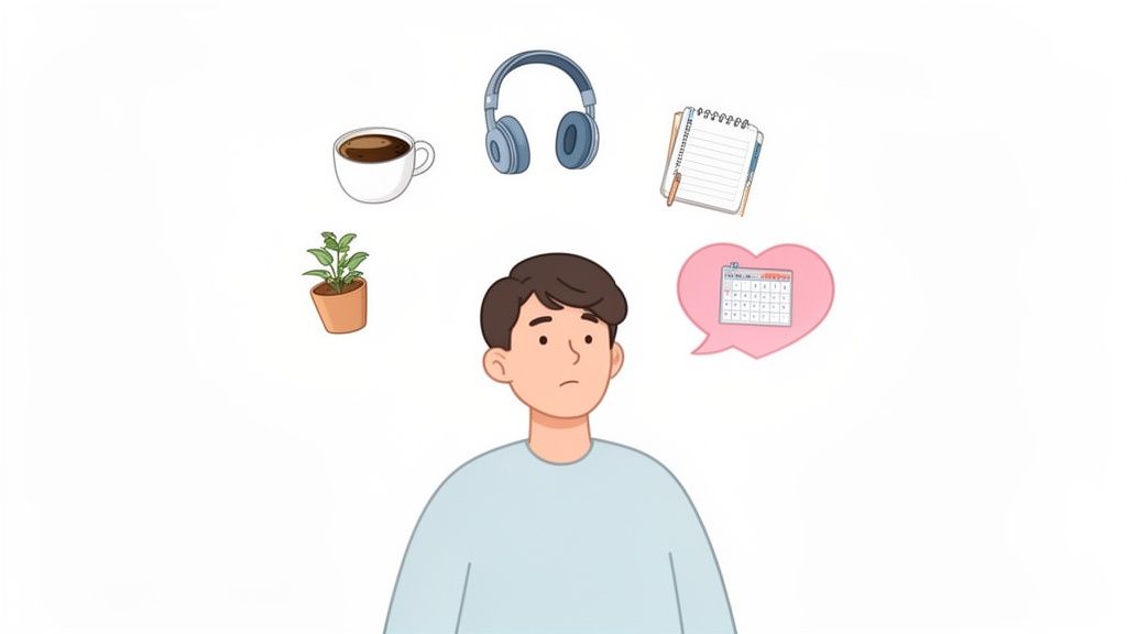 A cartoon man considers daily items: coffee, headphones, plant, notebook, and a heart-shaped calendar.