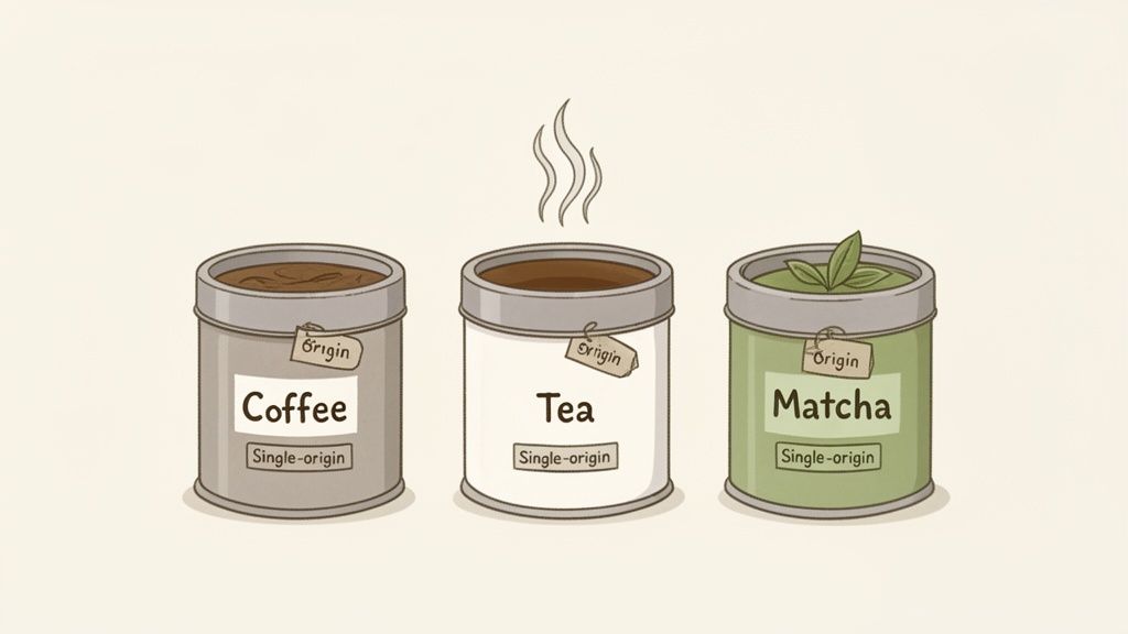 Three illustrated single-origin beverage cans: coffee, steaming tea, and matcha with leaves.