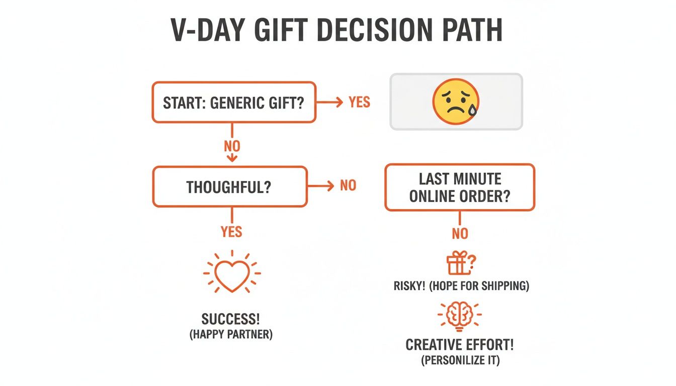 A V-Day gift decision path flowchart guides choices for Valentine's Day presents, aiming for thoughtful success.