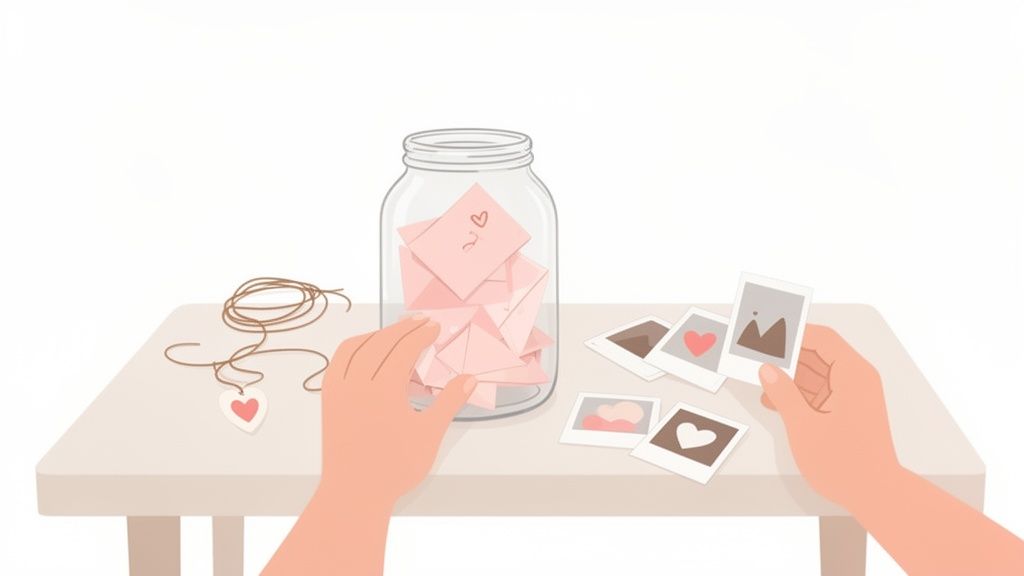 A person's hands crafting a memory jar with pink notes, instant photos, and string on a table.
