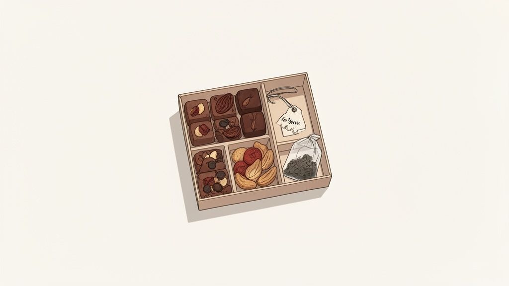 A thoughtfully arranged gift box containing assorted chocolates, various nuts, and a small bag of tea leaves, complete with a 'For You' tag.