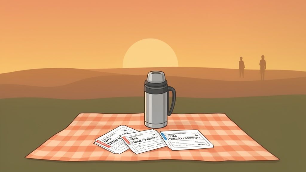 A picnic blanket with a thermos and tickets at sunset, with two people in the distance.