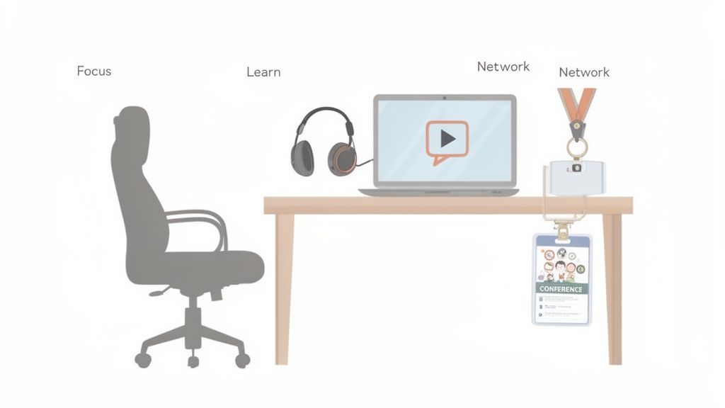 A minimalist illustration of a work setup with a chair, headphones, a laptop with a video, and a conference badge.