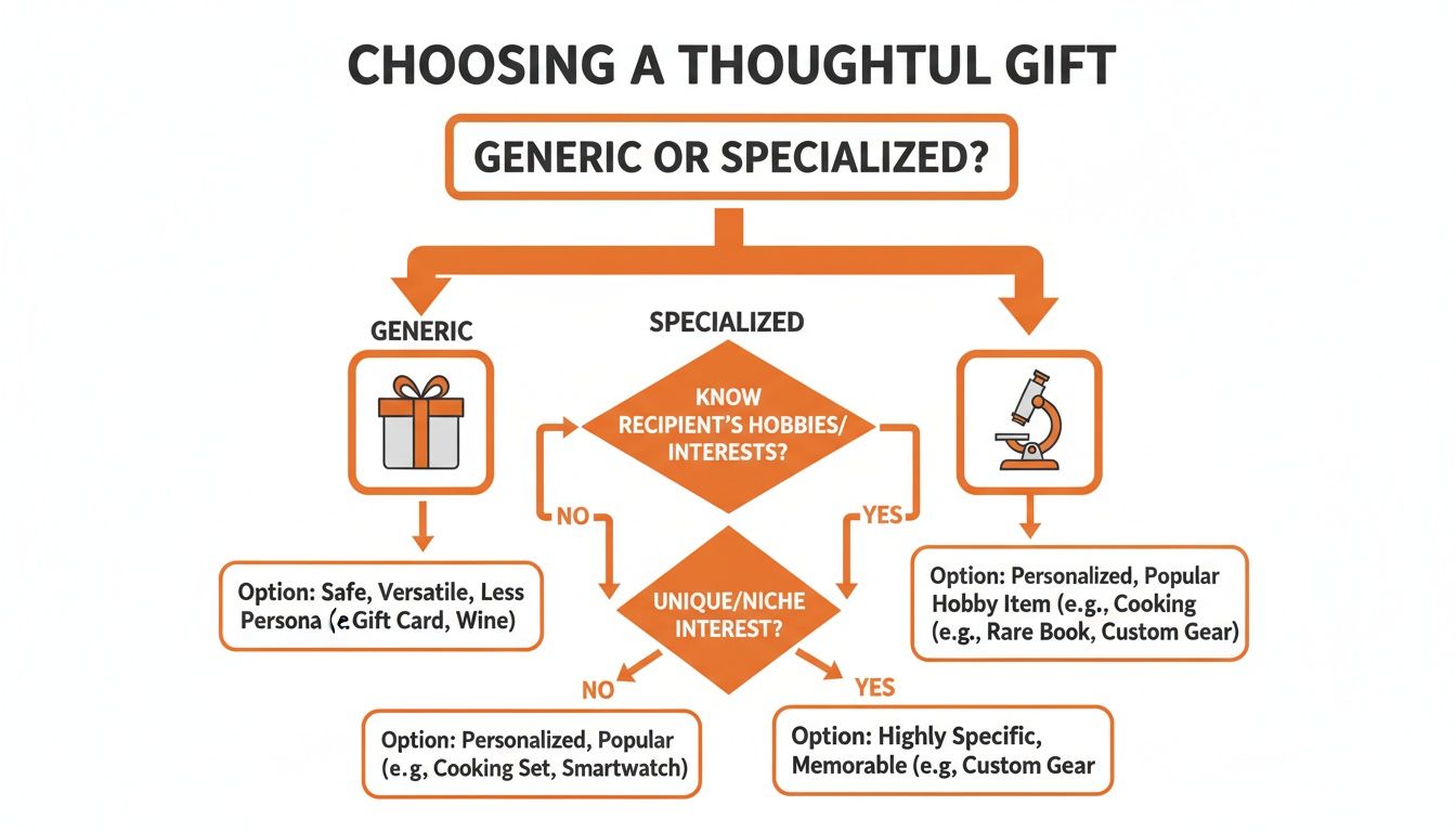 A flowchart guiding the selection of thoughtful gifts, categorizing options from generic to highly specific based on recipient interests.