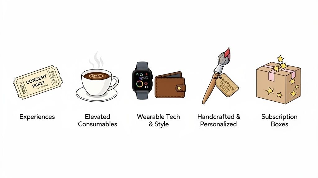An illustration showing various gift categories: experiences, elevated consumables, wearable tech, handcrafted items, and subscription boxes.